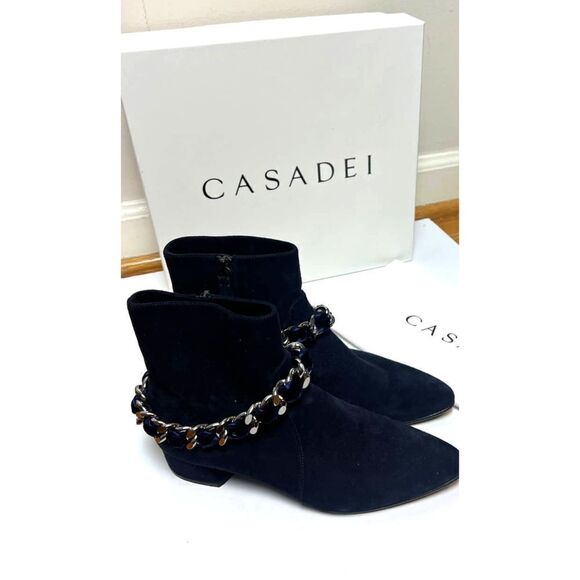 Casadei Dark Navy Suede Ankle Boots with Chain Sz. 36.5 (US 6.5) - Picture 1 of 11